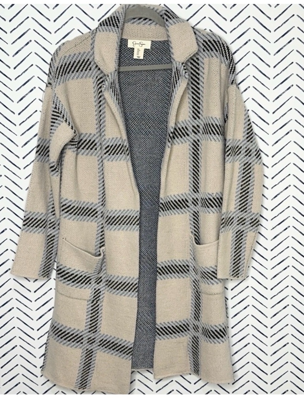 Jessica Simpson Beige Tan plaid Open Front Coat coatigan cardigan Size Small